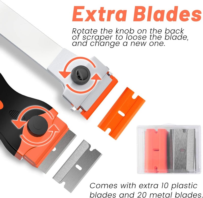 DEKEones Razor Blade Scraper, 2 PCS Razor Scraper Tool for Removing Label, Registration Sticker, Tint, Grease from Windshield, Appliance, Glass (Extra 20 Metal and 10 Plastic Blades) - Image 5